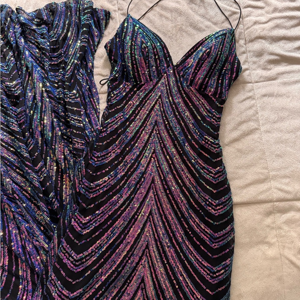 B Darlin Sequin Purple and Black Iridescent Floor Length Low back Prom Gown